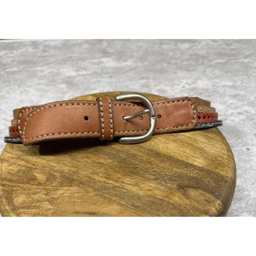 Fossil Belt Womens Small Brown Genuine Leather Western Studded Tooled Braided